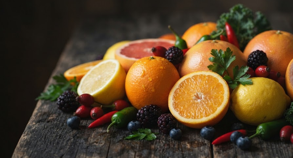 Vibrant arrangement of citrus fruits and nutrient-rich berries