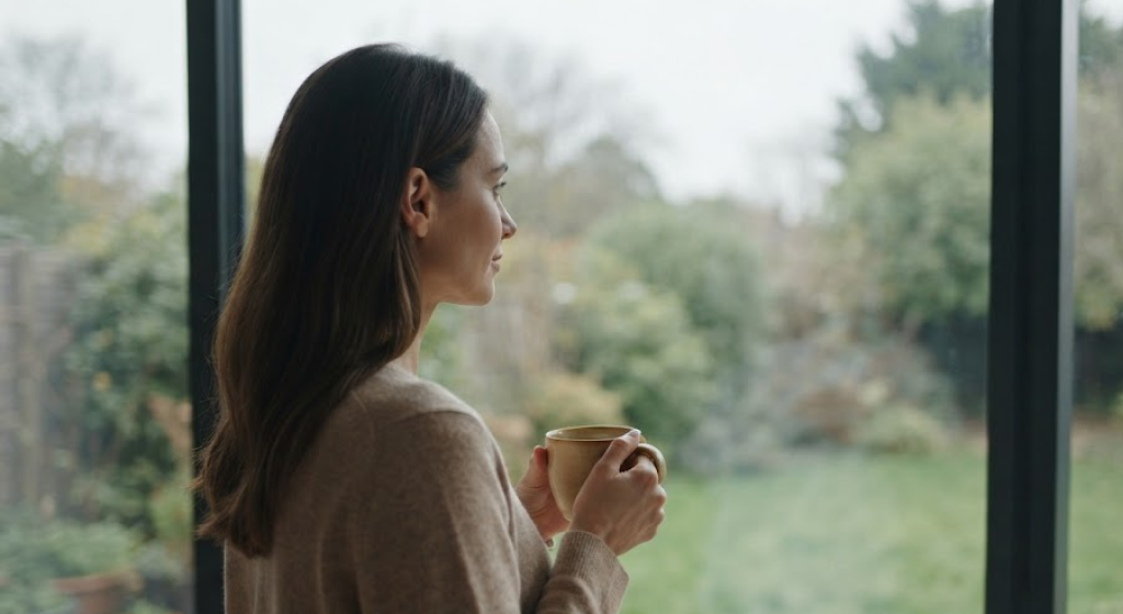 Tranquil person holding a warm mug of herbal tea while looking out a glass window at a garden.