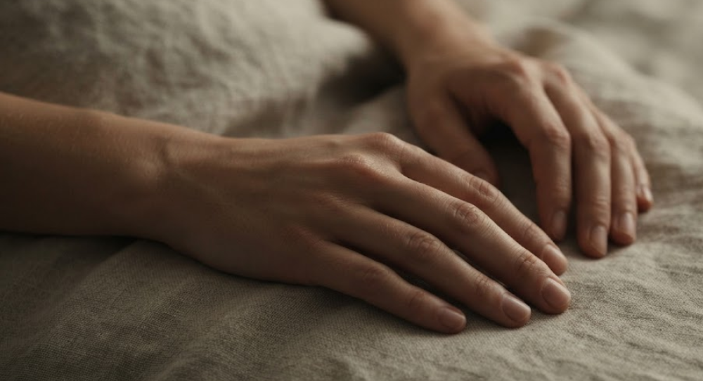 Cinematic close-up of human hands resting gently on a textured linen blanket with sensitive lighting.