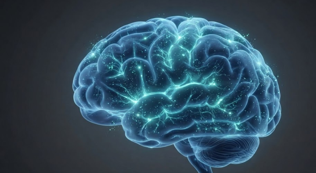 Human brain model with glowing light pathways symbolizing memory formation.