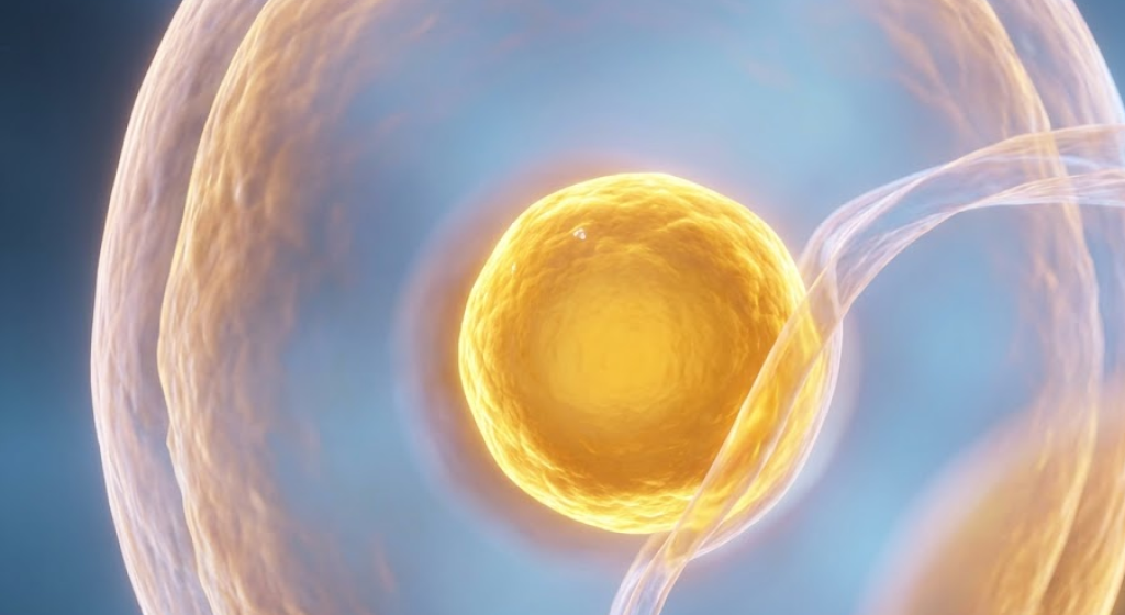 Glowing golden lipid drop passing through a semi-transparent human cell membrane.