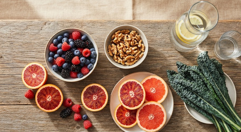 A cinematic overhead flat-lay of vibrant, healthy foods on a rustic table, including bowls of berries, walnuts, sliced blood oranges, and tuscan kale, with natural sunlight.