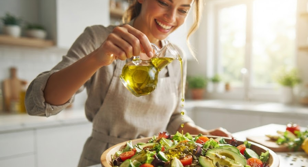 A smiling woman drizzling golden olive oil over a large, colorful fresh salad.