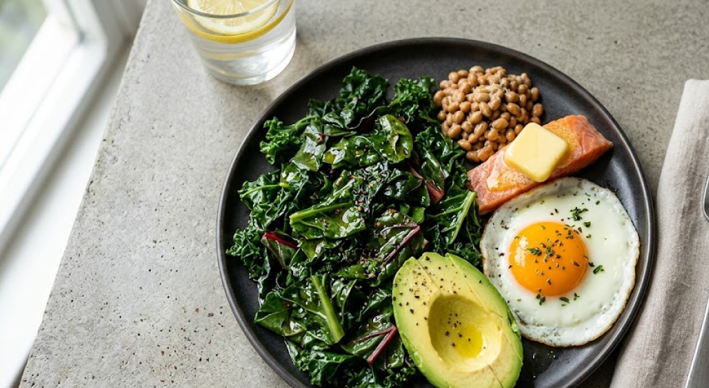 A nutrient-dense meal featuring sautéed leafy greens, rich butter, natto, an egg, and avocado to maximize absorption.