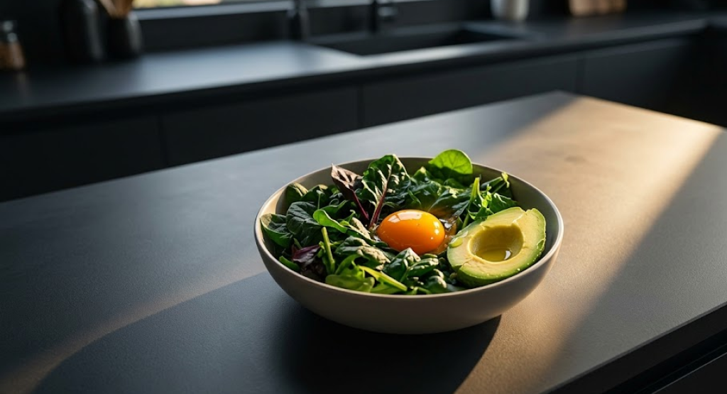 Bowl containing dark leafy greens, a bright orange egg yolk, and avocado on a dark stone counter.