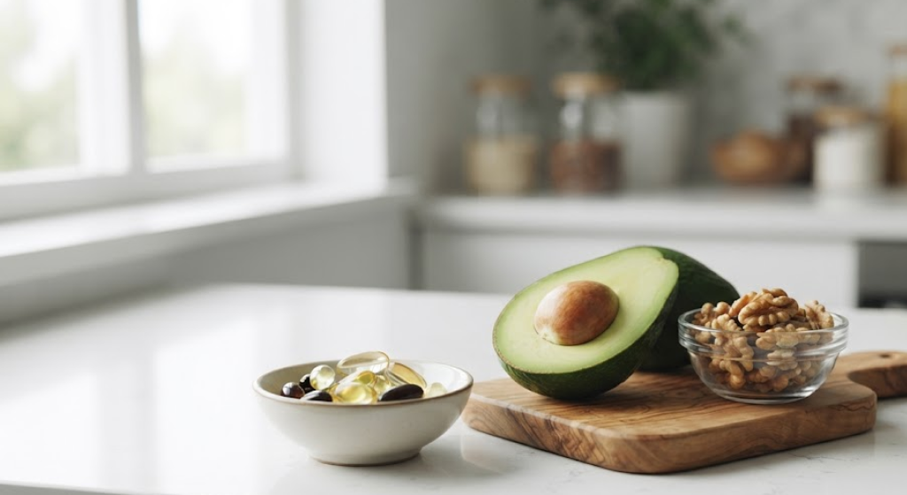 A balanced arrangement of vitamin capsules, avocado, and walnuts on a kitchen counter.