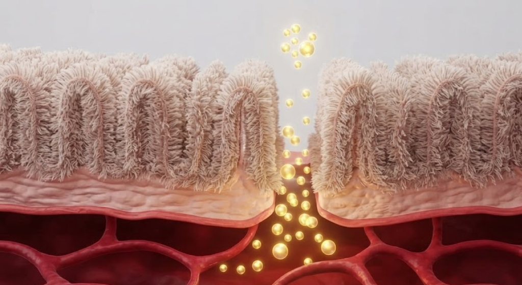 An infographic showing fuzzy intestinal microvilli rapidly absorbing glowing yellow Vitamin C spheres into capillaries.
