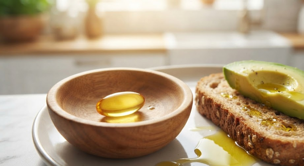 A Vitamin D softgel placed on a plate with avocado toast and olive oil in a sunlit kitchen.