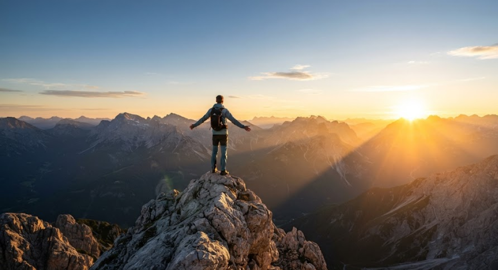 A solitary, fit adventurer standing triumphantly on a jagged mountain peak at sunrise, arms outstretched toward the golden horizon, overlooking a vast landscape.