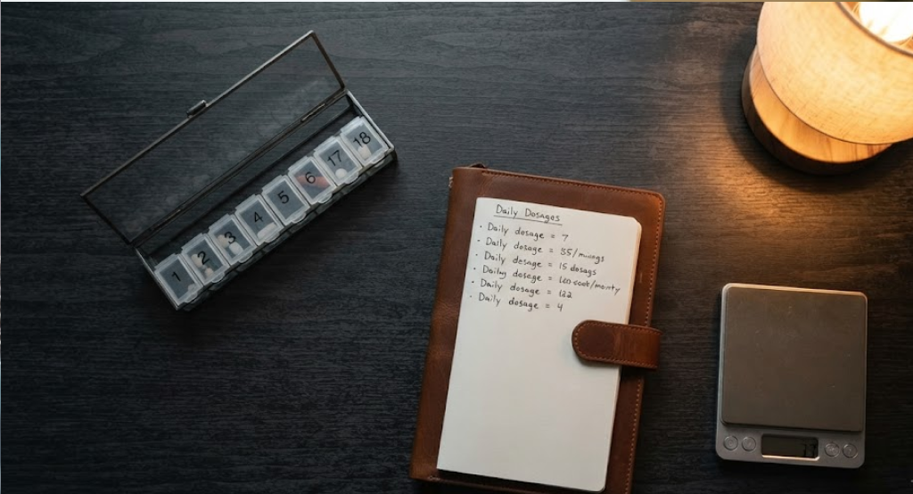 A glass weekly pill organizer, a notebook with dosage notes, and a digital scale on a dark wooden desk.
