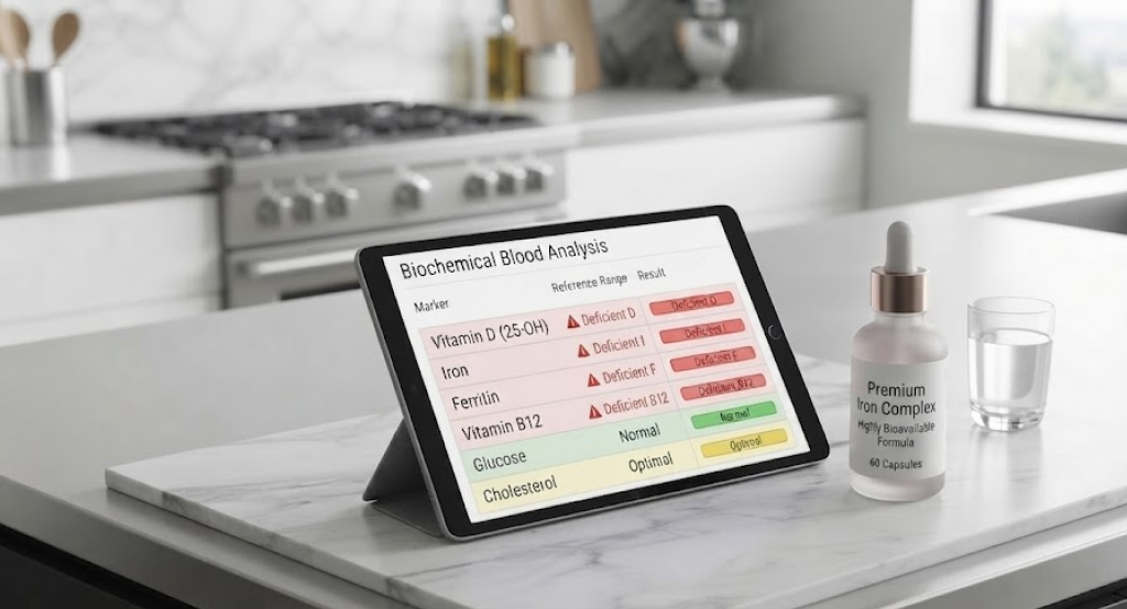 A tablet showing a blood test report next to a premium iron supplement bottle.