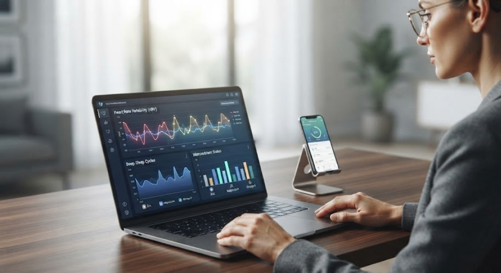 A professional in a minimalist office reviewing a complex health dashboard on a laptop with data visualizations.