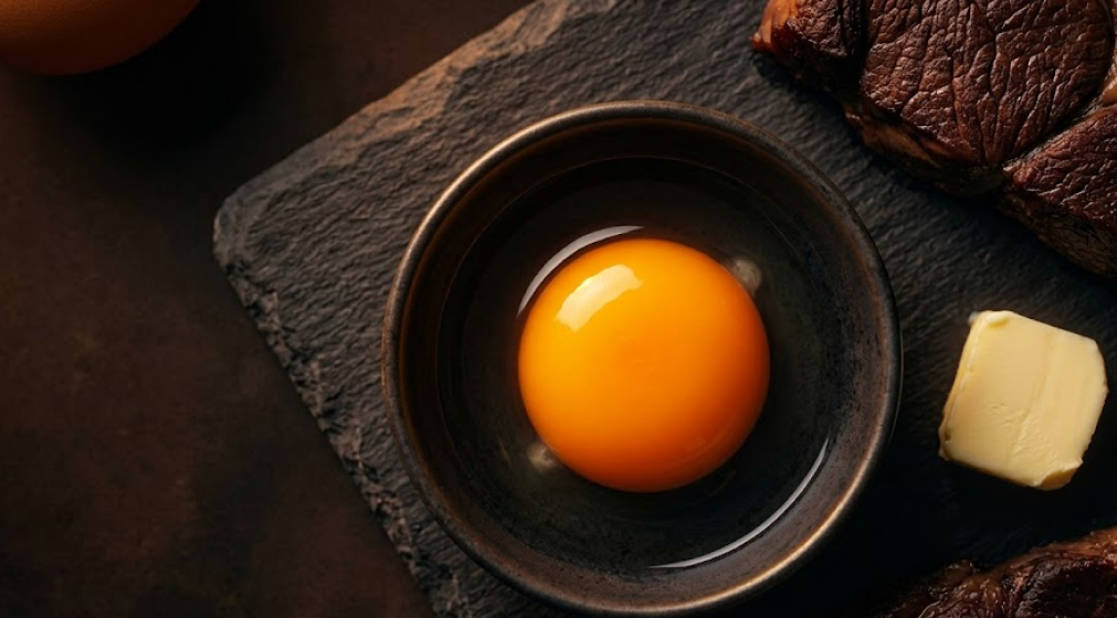 Pasture-raised egg yolk, premium organic butter, and dark meat on a rustic slate board.