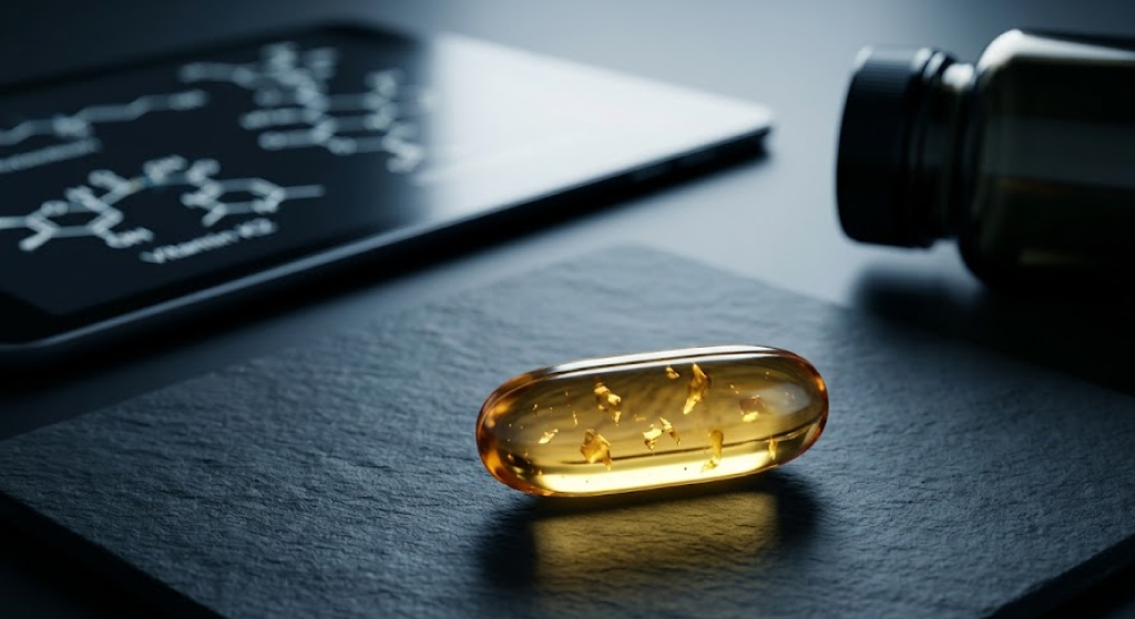 A translucent softgel capsule containing golden Vitamin K2 oil resting on a dark slate surface.