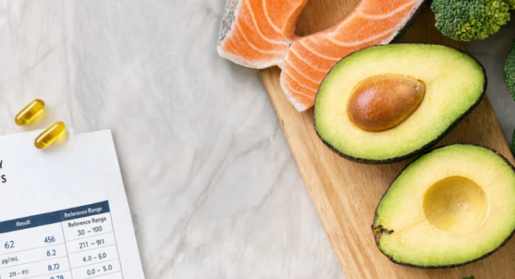 Flat lay of whole foods, supplements, and lab results for preventing vitamin deficiencies.