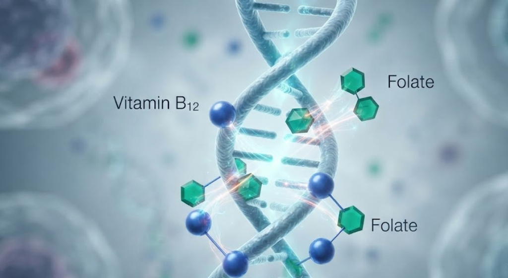 Scientific visualization of a healthy DNA helix being repaired by cobalt blue (B12) and emerald green (Folate) molecules.