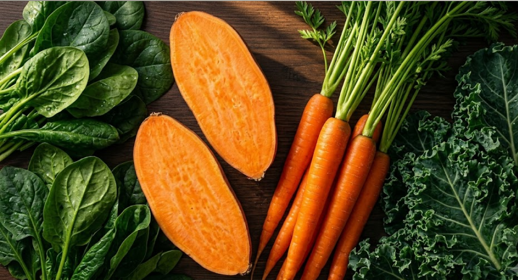 Fresh sweet potatoes, organic carrots, and dark leafy greens on a wooden table.