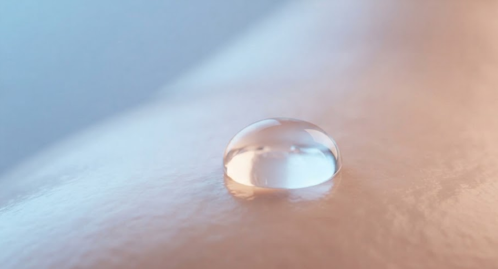 A single pristine water droplet on deeply hydrated human skin