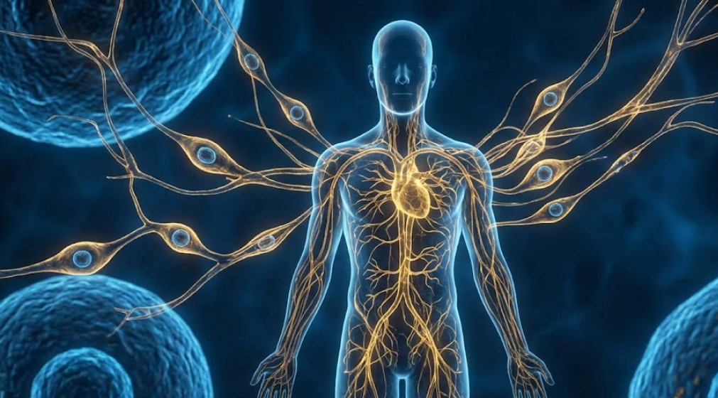Retinoic acid molecules binding to a glowing DNA double helix structure inside a cell nucleus.