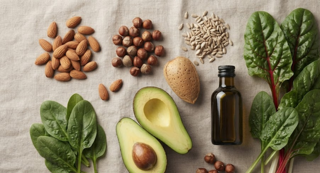 A beautifully arranged flat lay composition of nuts, seeds, avocado, leafy greens, and oil on a linen background.