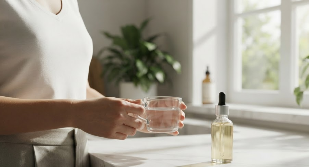 Hand holding a glass of water and a dropper of vitamin E oil