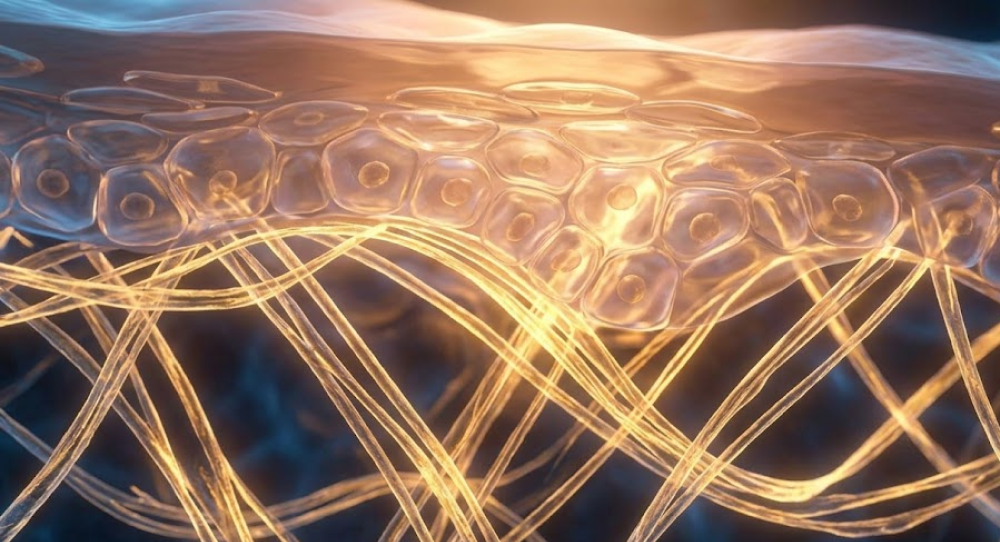 Microscopic cross-section of skin tissue showing a strong, resilient network of glowing collagen and elastin fibers.