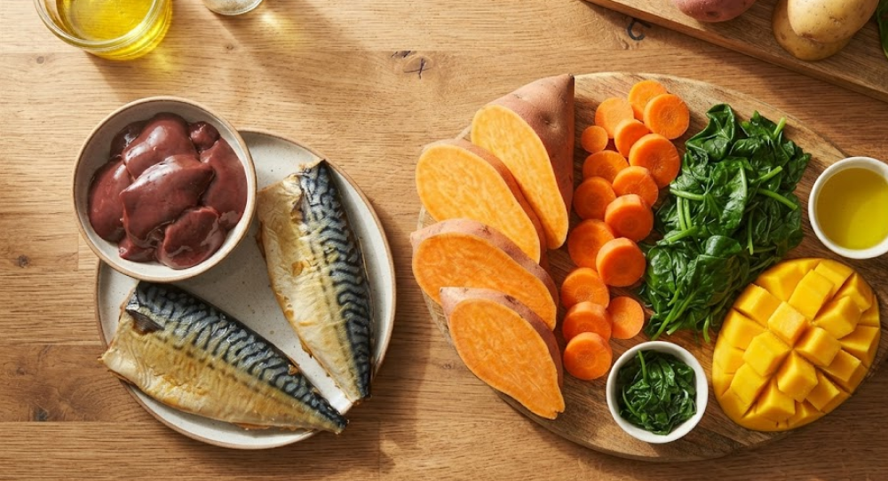 Flat-lay photograph of whole foods rich in vitamin A including liver, fish, sweet potatoes, and spinach