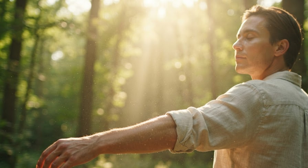A person with eyes closed enjoying warm sunbeams filtering through a forest.