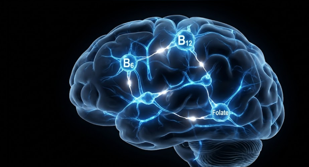 Abstract visualization of a human brain with electric blue neural pathways and enhanced synaptic signaling.
