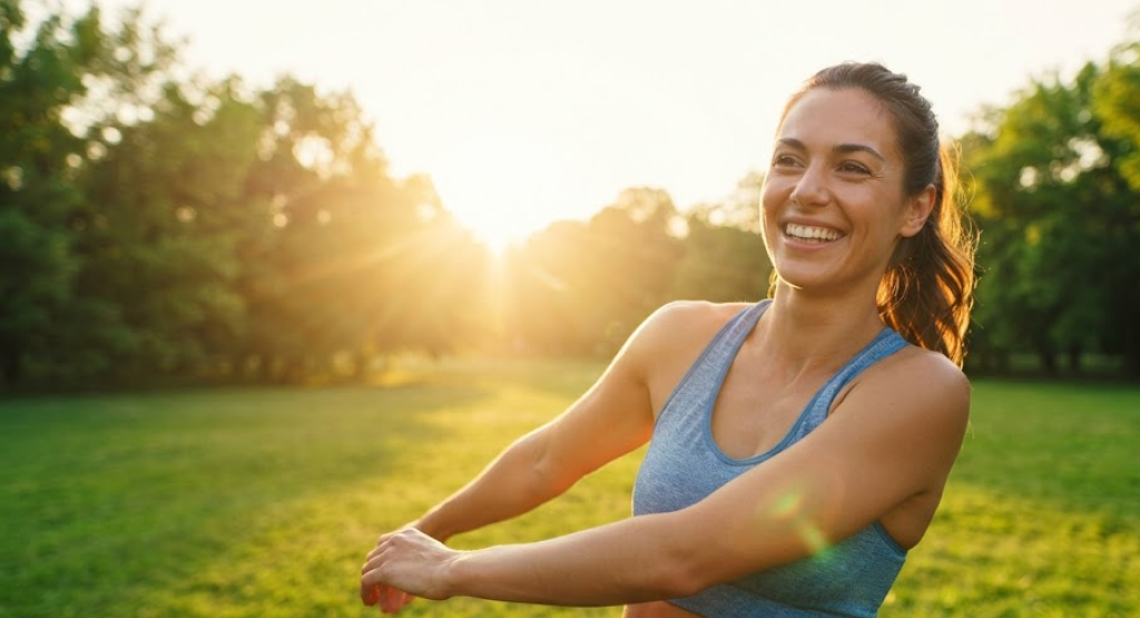 Vibrant person smiling while stretching outdoors during a golden hour sunrise in a park.