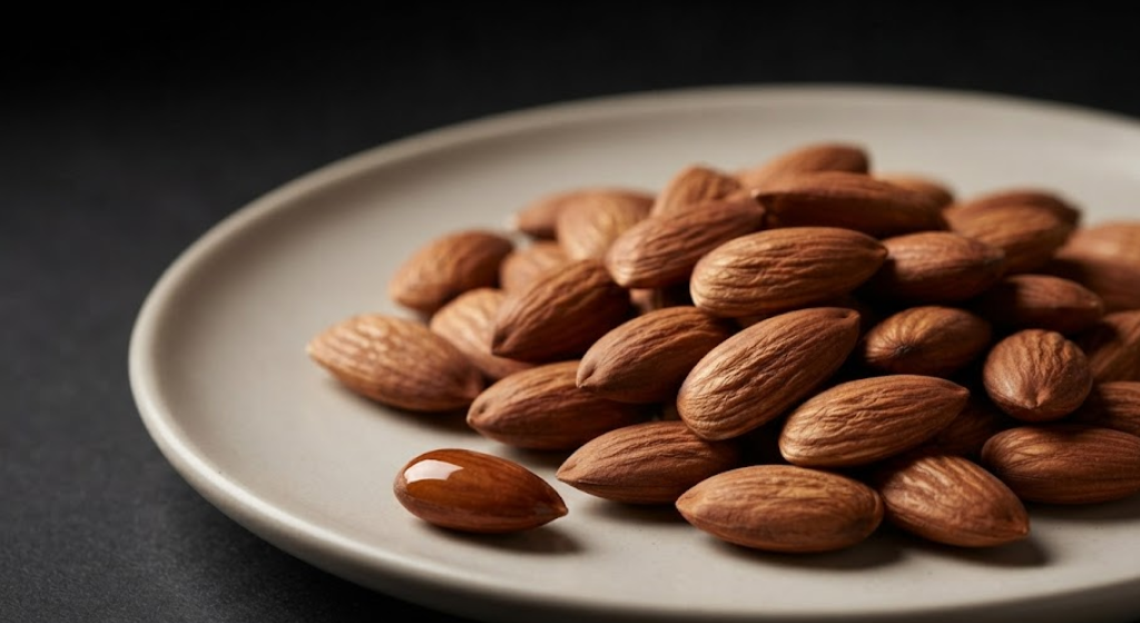A close-up pile of whole, raw almonds with rich brown skin on a minimalist ceramic plate.