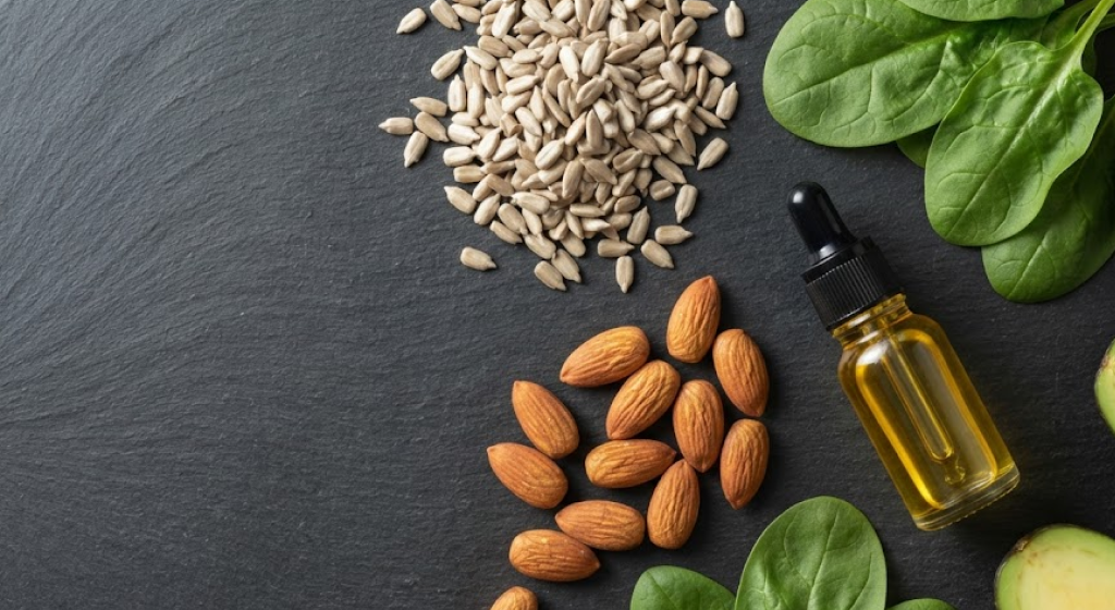 Flat lay of natural food sources containing Vitamin E, C, and Selenium