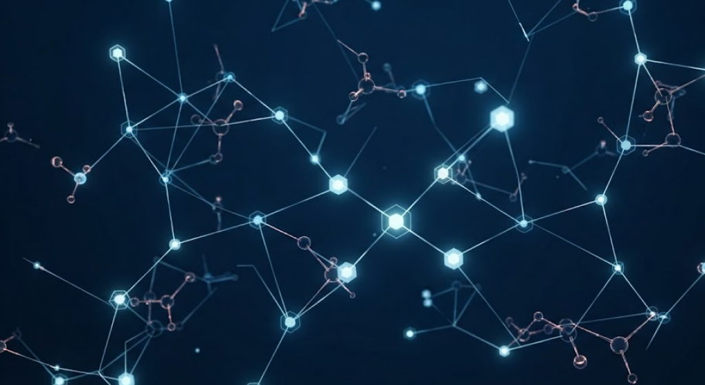 scientific visualization of interconnected glowing molecular nodes and bonds on dark blue