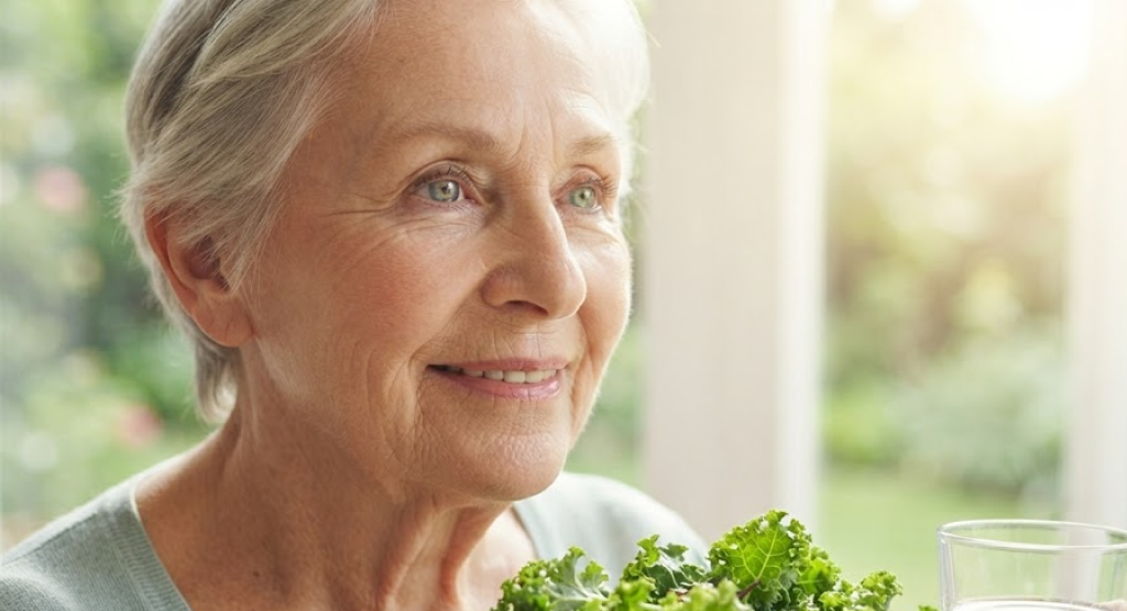 Portrait of an elderly person with clear eyes holding fresh kale and water