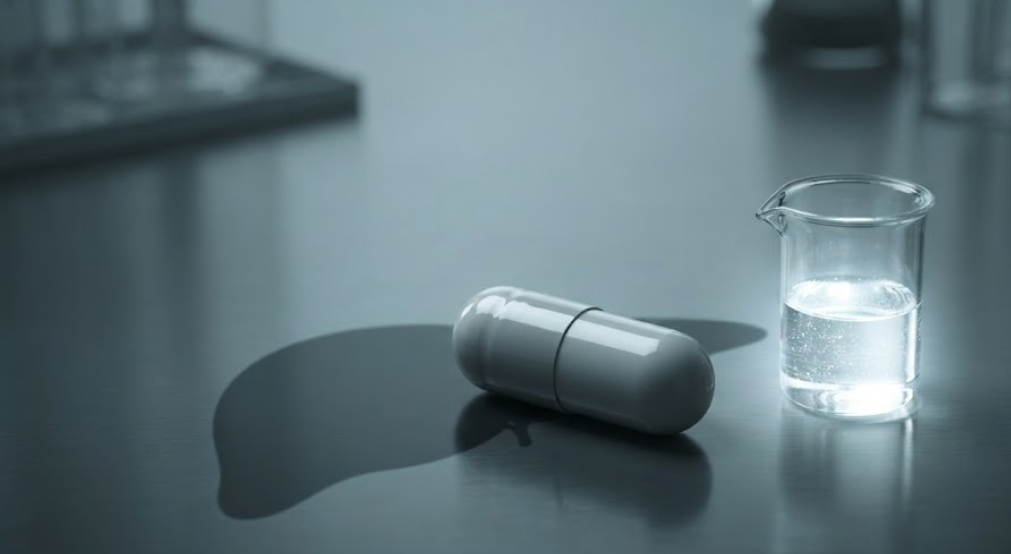 Conceptual still-life with a synthetic vitamin A supplement capsule and a beaker of retinol