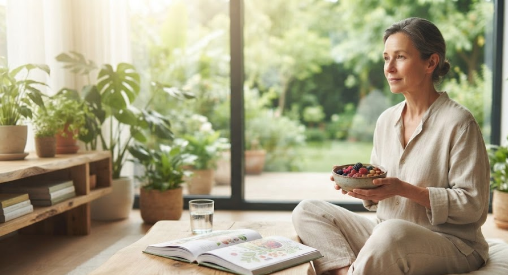 A serene, sunlit photograph of a person in a modern, plant-filled home, holding a bowl of fresh berries and almonds.