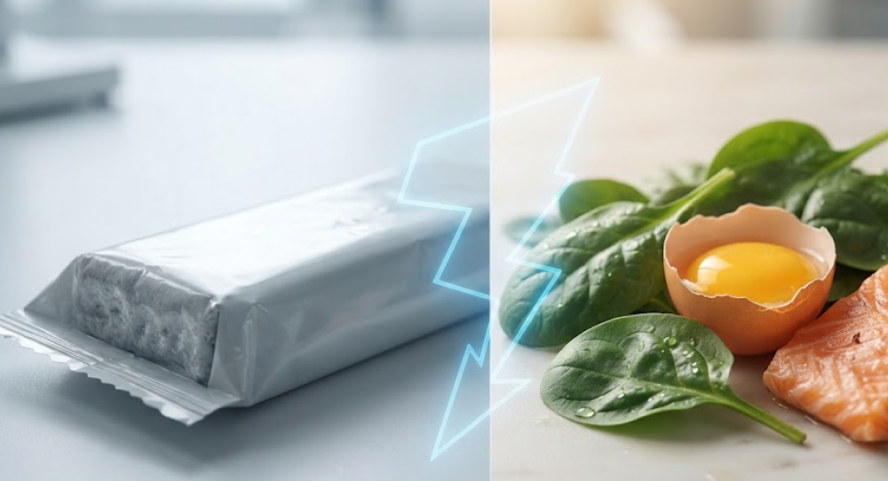 Split-screen comparison of a sterile nutrient bar (left) and fresh whole foods like spinach, egg, and salmon (right).