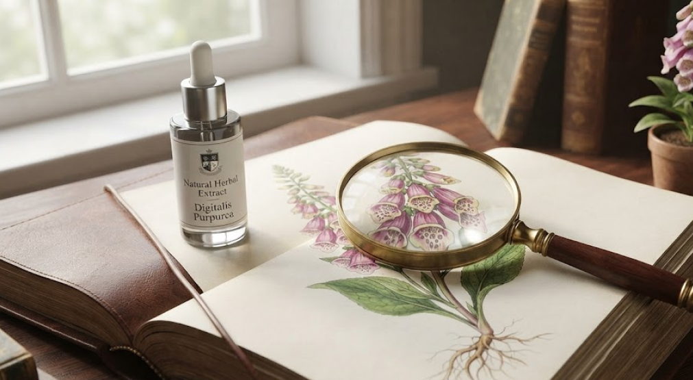 A magnifying glass over an old botanical book next to a natural herbal extract bottle.