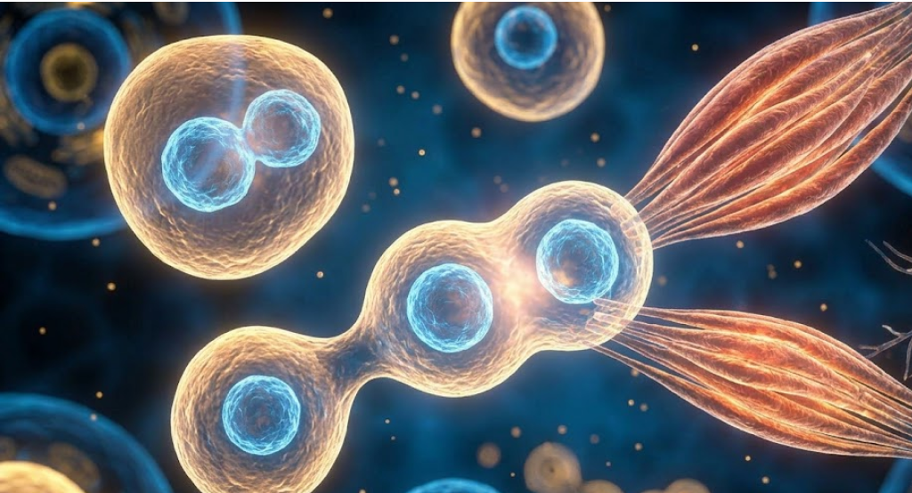 Microscopic view of stem cells dividing and transforming into specialized muscle and neural fibers.