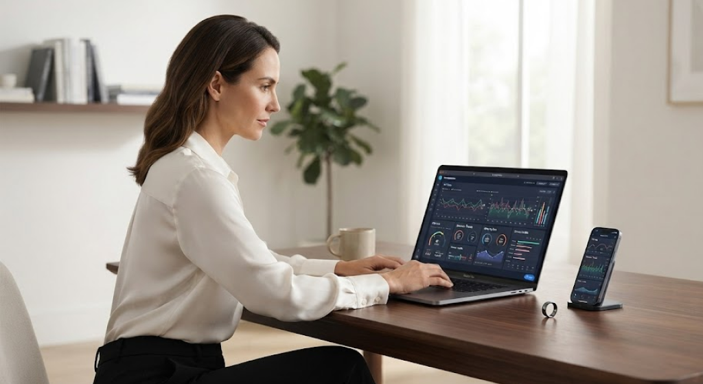 A professional analyzing health data on a laptop and smartphone.