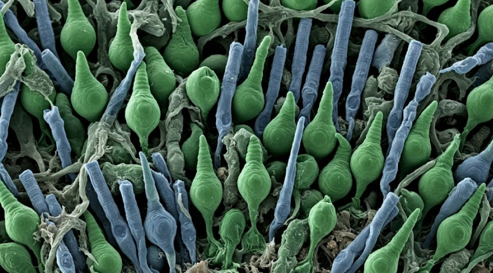 Colorized scanning electron micrograph showing green cone cells and blue-grey rod cells in the fovea