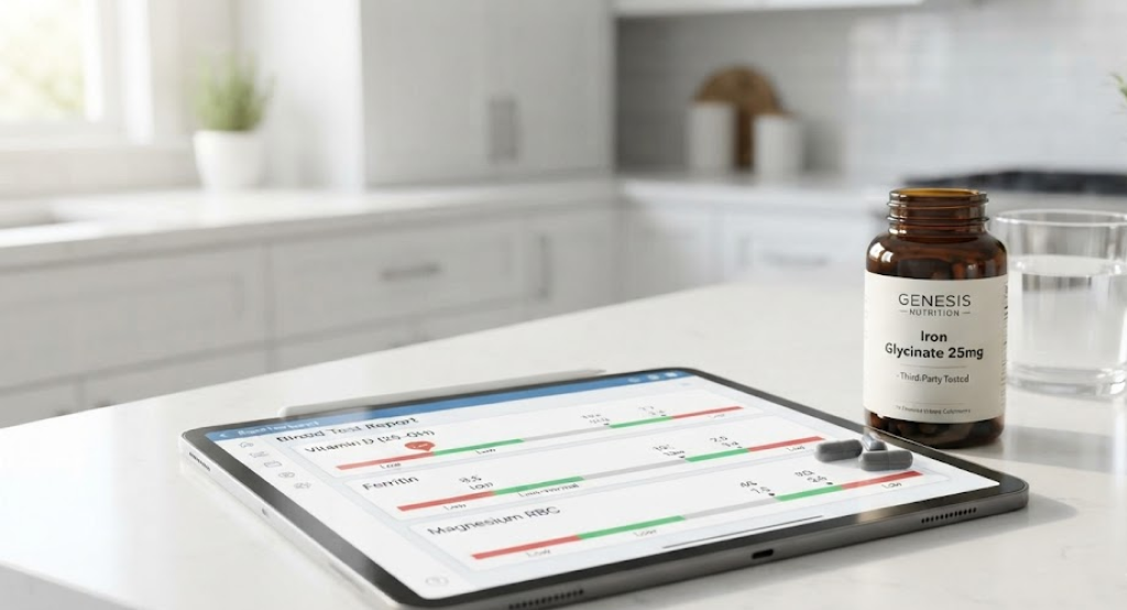 A close-up photograph on a clean countertop showing a digital tablet displaying a blood test report next to a single, premium supplement bottle.
