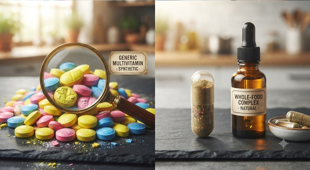 A high-definition close-up comparison of a pile of cheap, brightly colored synthetic tablets next to premium, natural capsules and a dropper bottle.