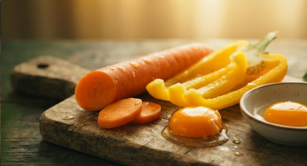 Colorful assortment of carrots, bell peppers, and egg yolks on a rustic table.