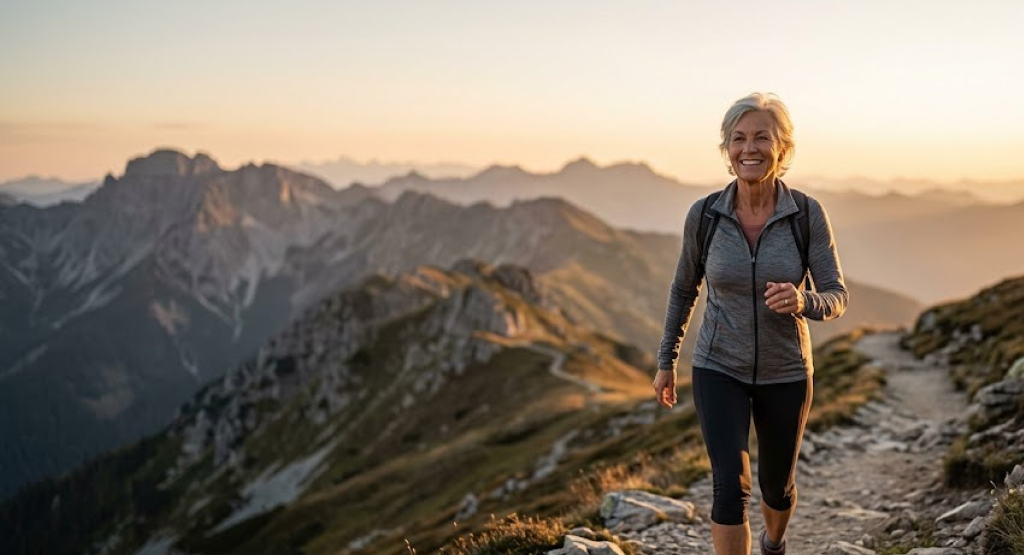 An active, fit older woman hiking vigorously up a rocky mountain path at golden hour, representing vibrant physical health.