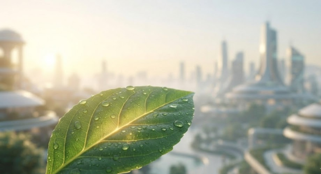 A dew-covered leaf with a futuristic city skyline in the distant background.