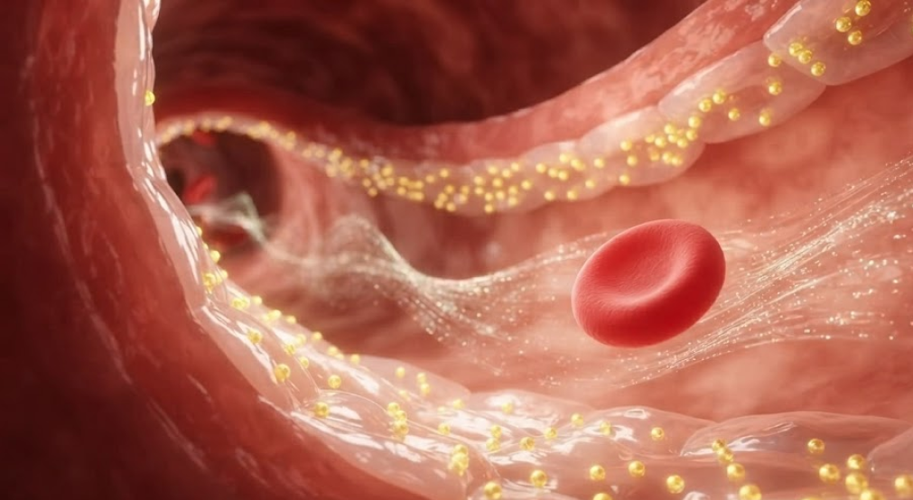 A close-up of a healthy artery lumen showing Vitamin C molecules supporting the endothelial lining and nitric oxide production.