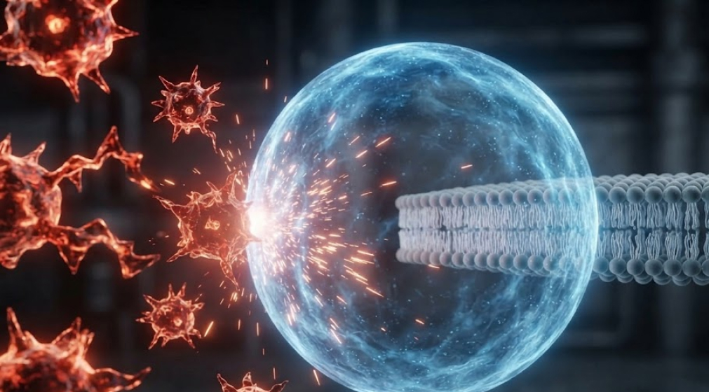A conceptual image showing a glowing Vitamin C shield neutralizing incoming red jagged free radicals to protect a cell.