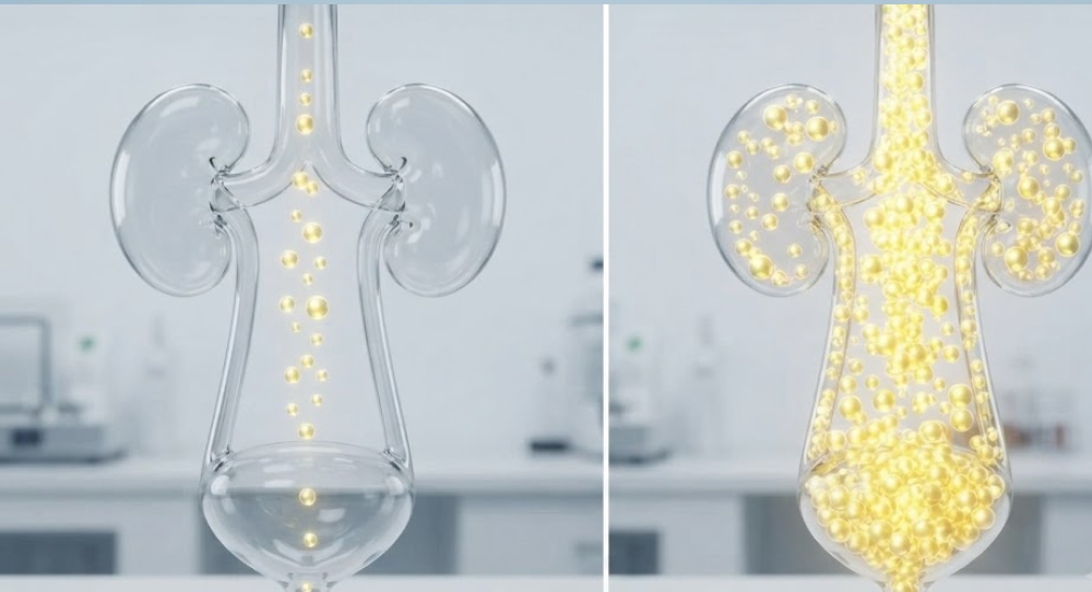 A side-by-side comparison within a model of the urinary tract showing efficient absorption (left) vs. massive excretion (right).