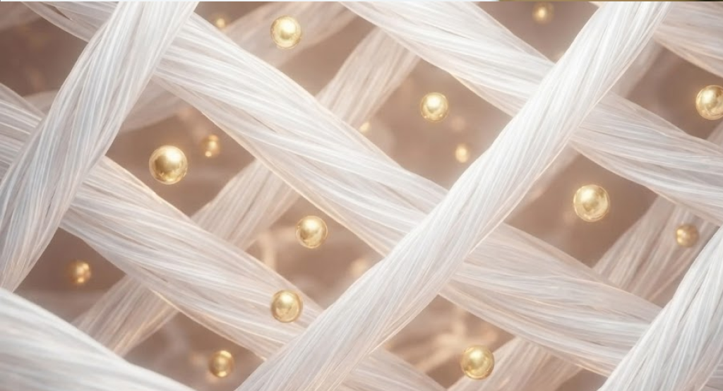 A microscopic view of organized, healthy human skin collagen fibers interspersed with glowing Vitamin C molecules.